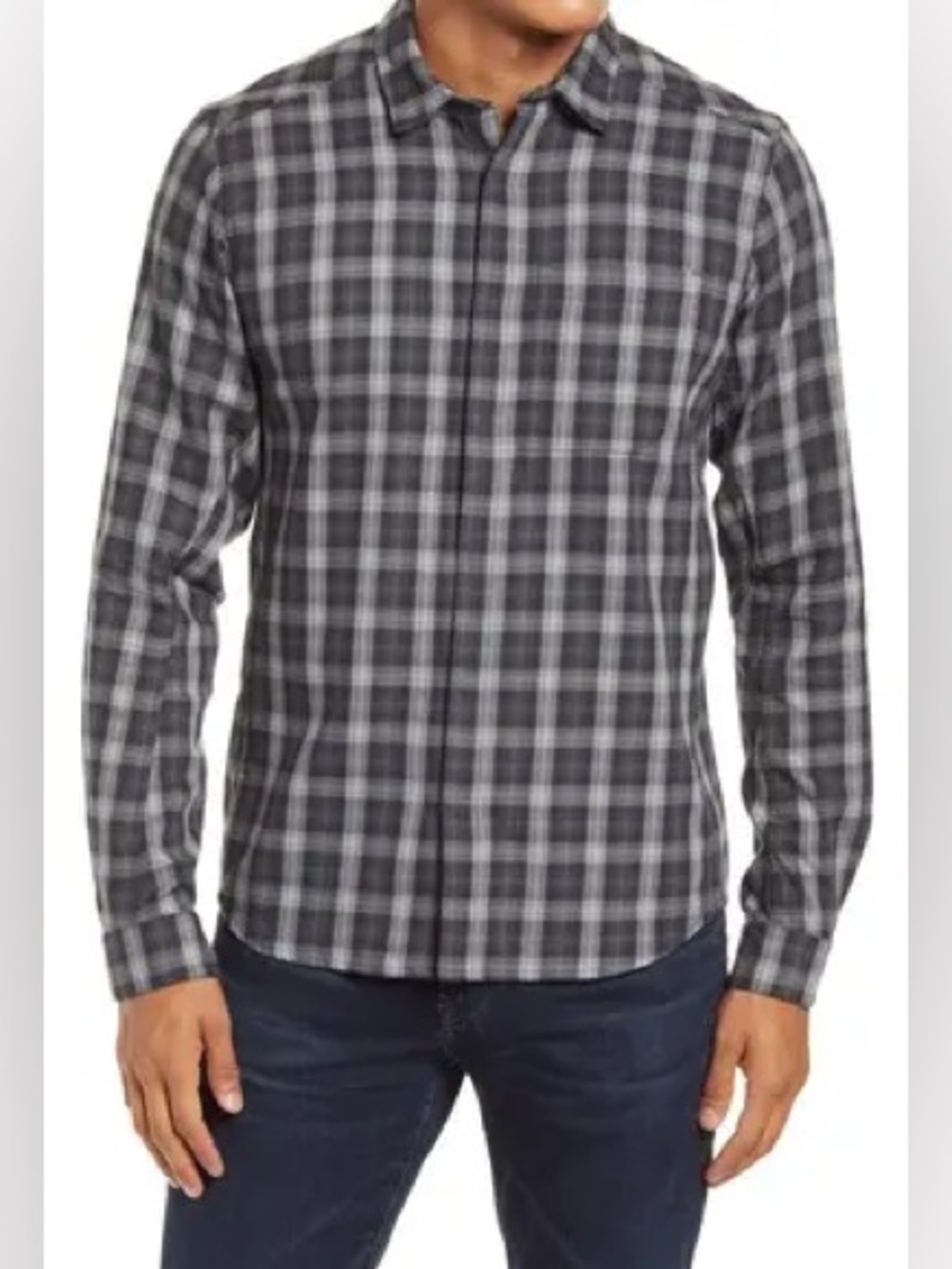 Arc'teryx flannel shirt features a grey and black plaid pattern with a snap  L